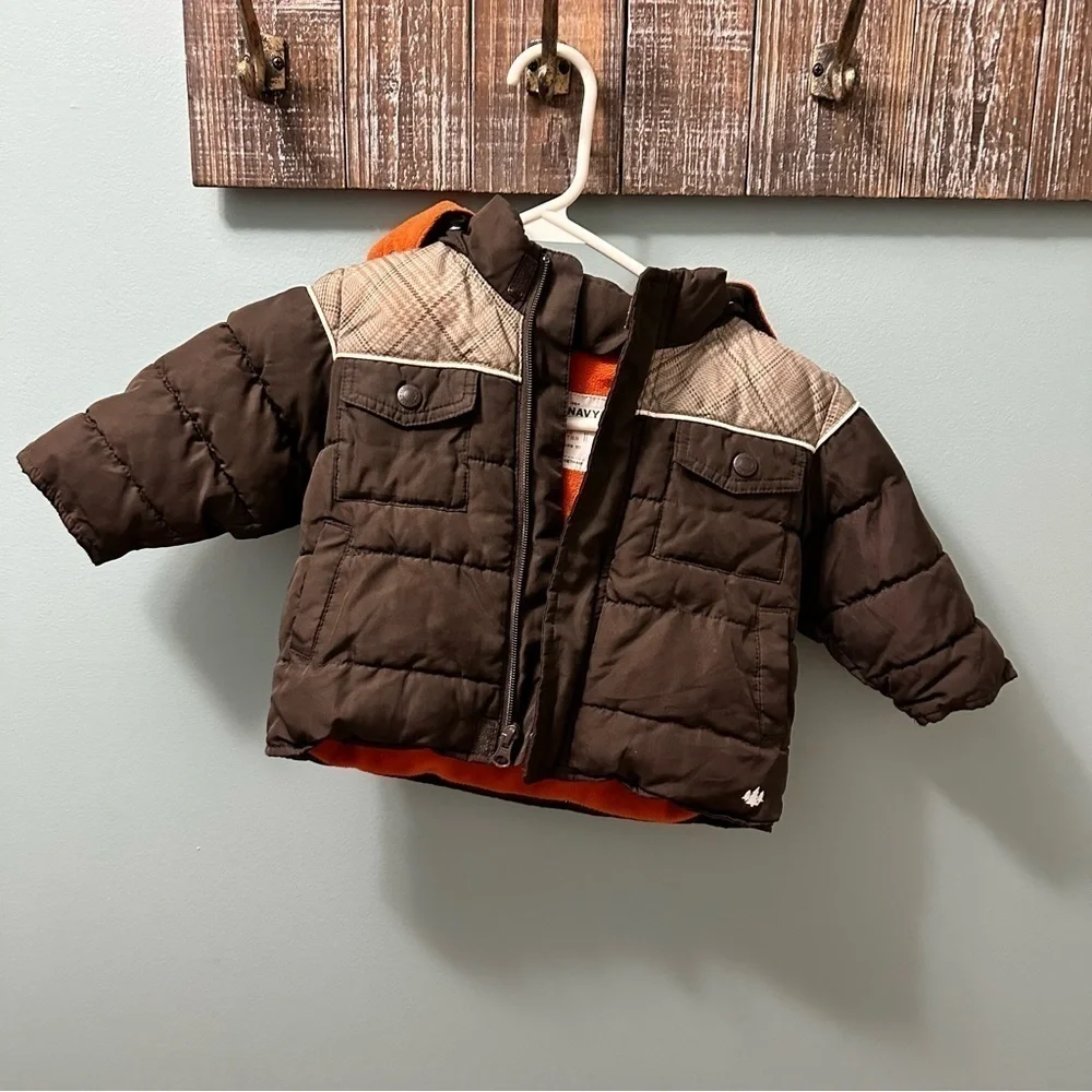 Old Navy brown/orange  puffer jacket 6-12 months fleece hooded